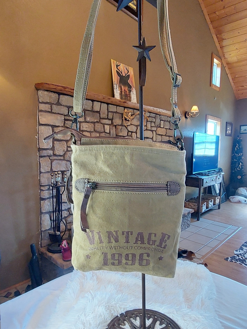 Clea Ray Upcycled Canvas Crossbody Bag Peace Love Bus Vintage 1996 • Like New